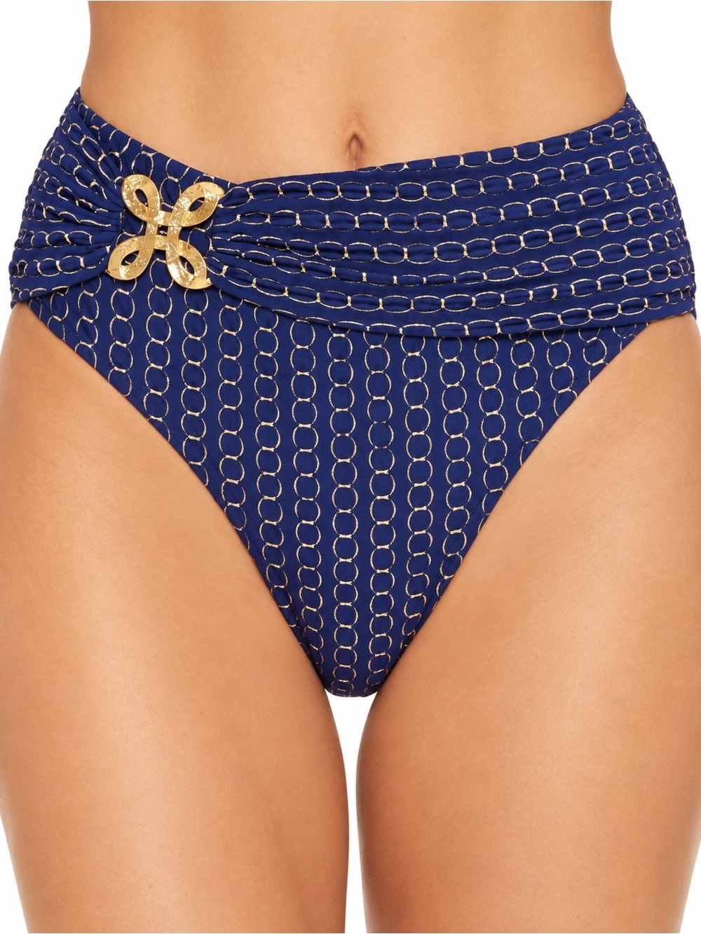 Trina Turk Adeline High Waist Bikini Bottom 12 Navy Gold NWOT